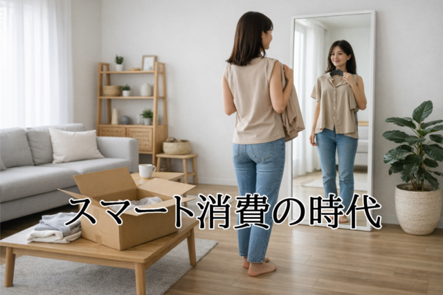 物を持たない暮らしをイメージした、サブスクで届いた服を試着する女性の生活風景