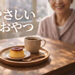 日差しの入るダイニングテーブルで、温かいおやつを前に微笑む高齢者さんの口元と「やさしいおやつ」の文字