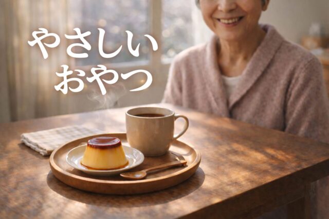 日差しの入るダイニングテーブルで、温かいおやつを前に微笑む高齢者さんの口元と「やさしいおやつ」の文字