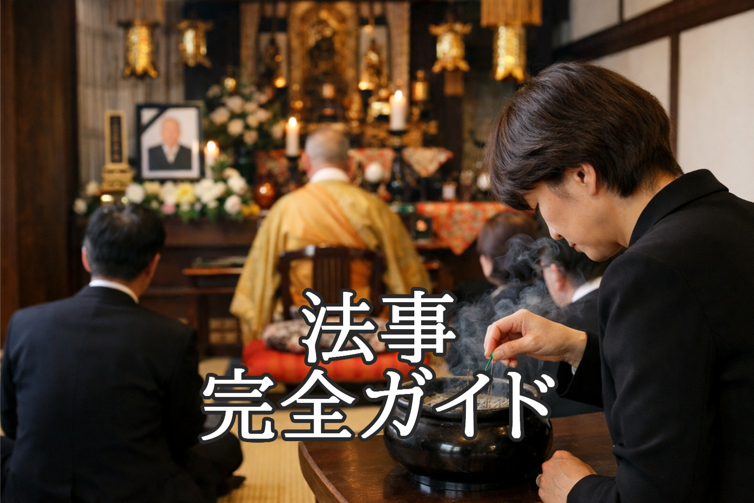 寺院の本堂で行われる法事の様子。喪服姿の参列者が前方に座り、僧侶が祭壇に向かって読経する中、手前で女性が静かに線香を供えている場面