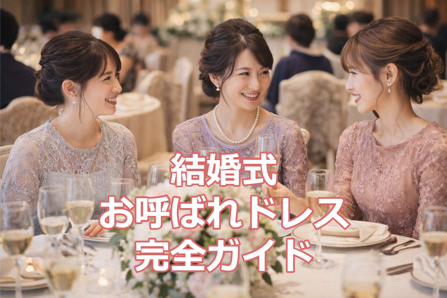 結婚式の披露宴テーブルで、淡いカラーのドレスを着た女性3人が笑顔で乾杯している様子。上品で華やかなパーティーシーン。