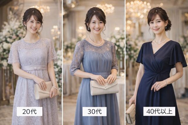 結婚式会場で撮影した、年代別お呼ばれドレスの比較写真。20代は淡いラベンダーのレースドレス、30代は落ち着いたブルーのレース×シフォンワンピース、40代以上はネイビーの上品なVネックドレスを着た女性が並び、控えめな年齢差と上品さが伝わる。