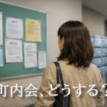 マンションの掲示板に貼られた町内会のお知らせを見ている女性の後ろ姿