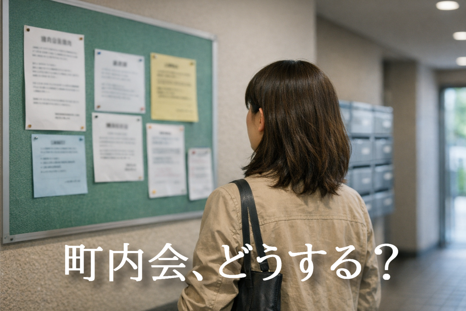 マンションの掲示板に貼られた町内会のお知らせを見ている女性の後ろ姿