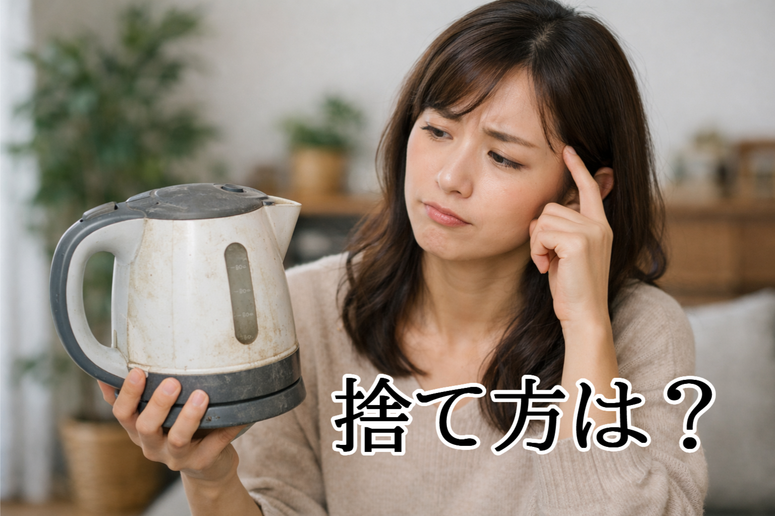 古くなった電気ケトルを手に、捨て方に悩む女性の様子