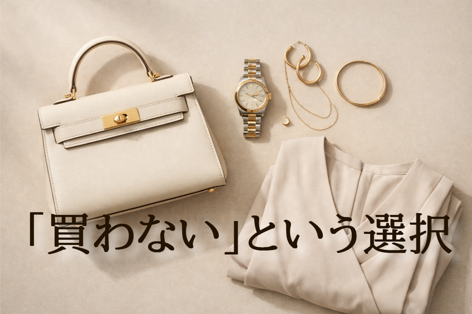 ベージュの高級バッグと腕時計、アクセサリー、ワンピースを並べたミニマルなフラットレイ写真。「買わない」という選択を象徴する上質なアイキャッチ