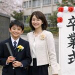 卒業式の看板の前で卒業証書を持つ小学生の男の子と母親の記念写真