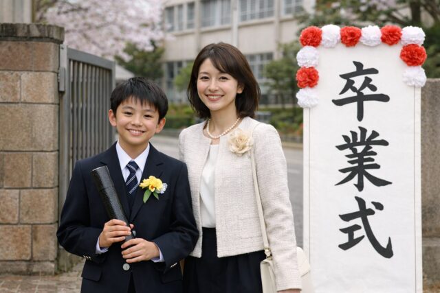 卒業式の看板の前で卒業証書を持つ小学生の男の子と母親の記念写真