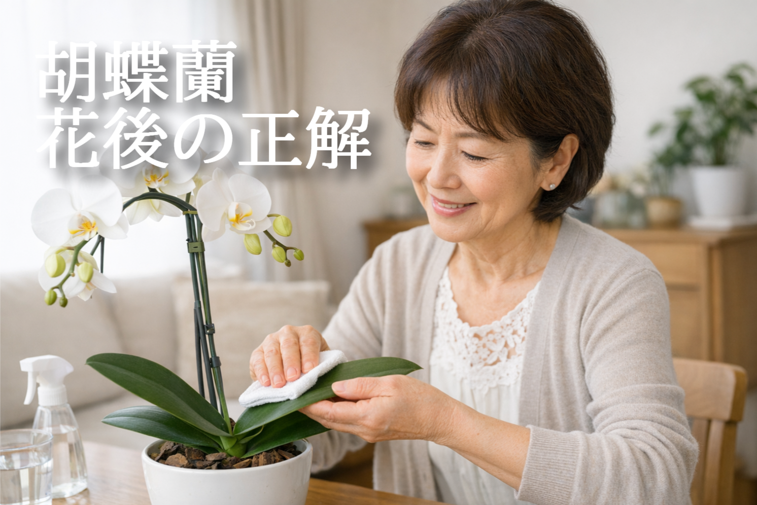 胡蝶蘭の花後管理をする女性｜葉を拭いて世話する様子