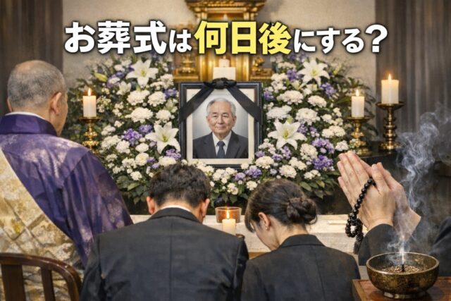 日本の一般的な葬儀の様子。祭壇に遺影と白い花が飾られ、僧侶と参列者が手を合わせている場面に「お葬式は何日後にする？」の文字が入ったアイキャッチ画像。