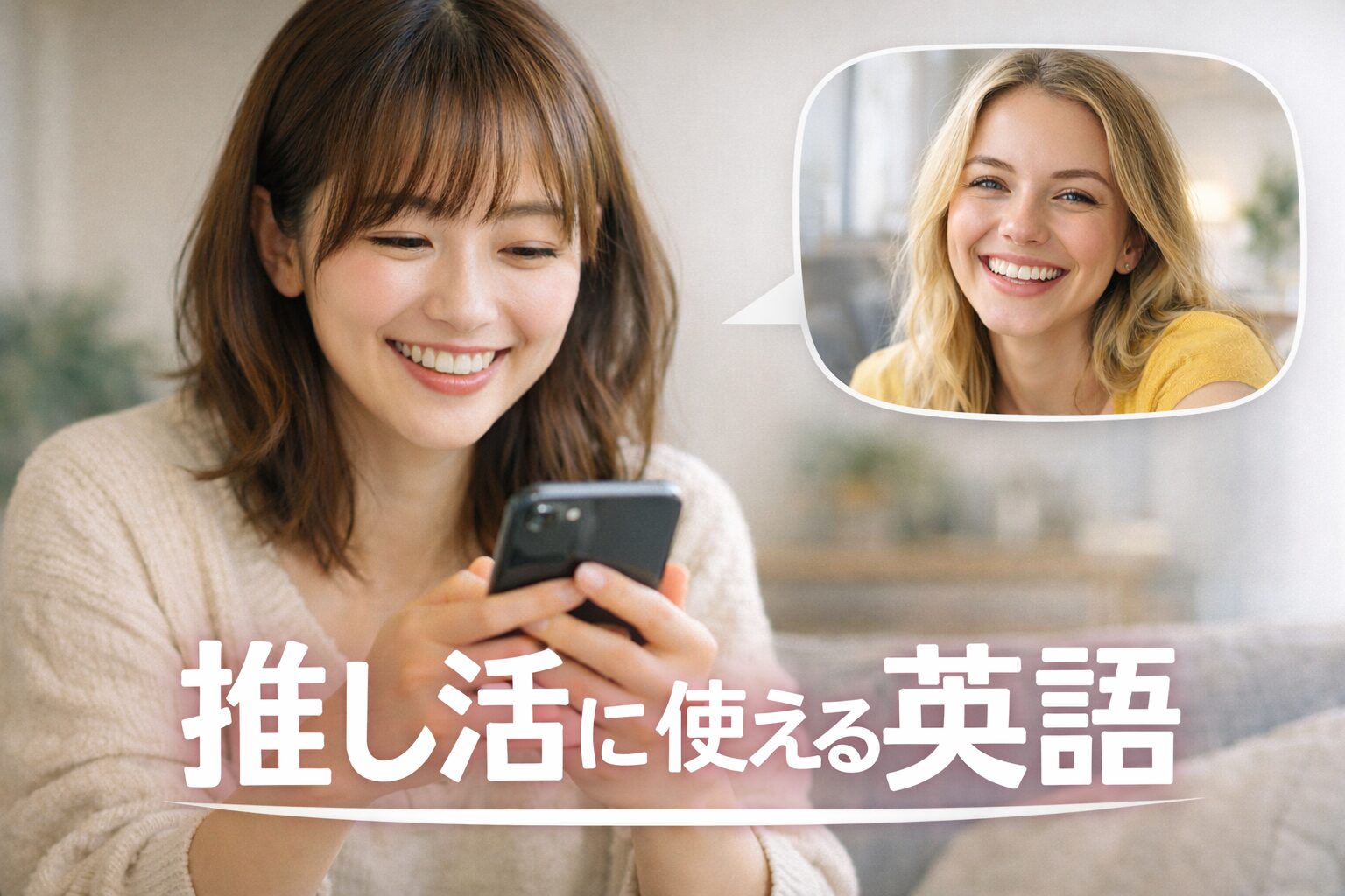日本人女性がスマホで外国人女性と英語フレーズを楽しそうにやり取りしている様子の写真