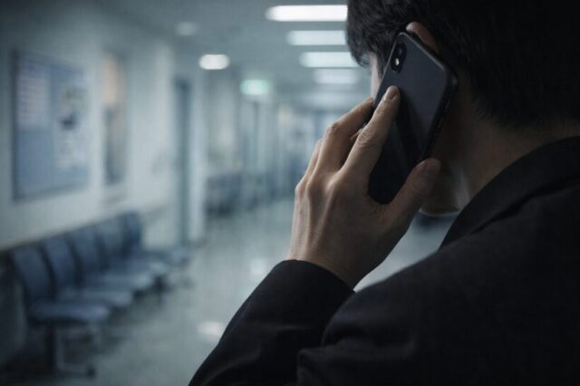 病院で親族の心配をしている様子