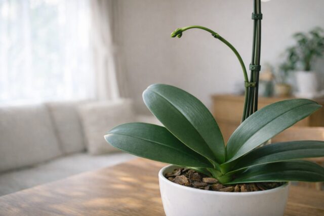 健康な胡蝶蘭の厚みのある緑の葉を横から撮影した写真(花後管理の目安)