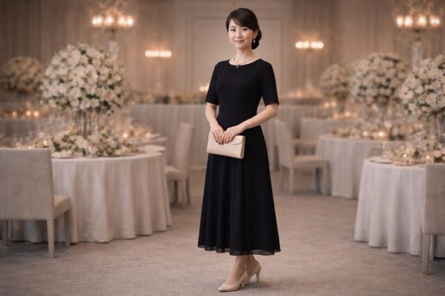 結婚式の親族ゲストの正解コーデ｜黒ドレスにベージュ小物を合わせた上品なフォーマルスタイル