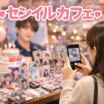 センイルカフェのグッズコーナーをスマホで撮影する若い女性の様子