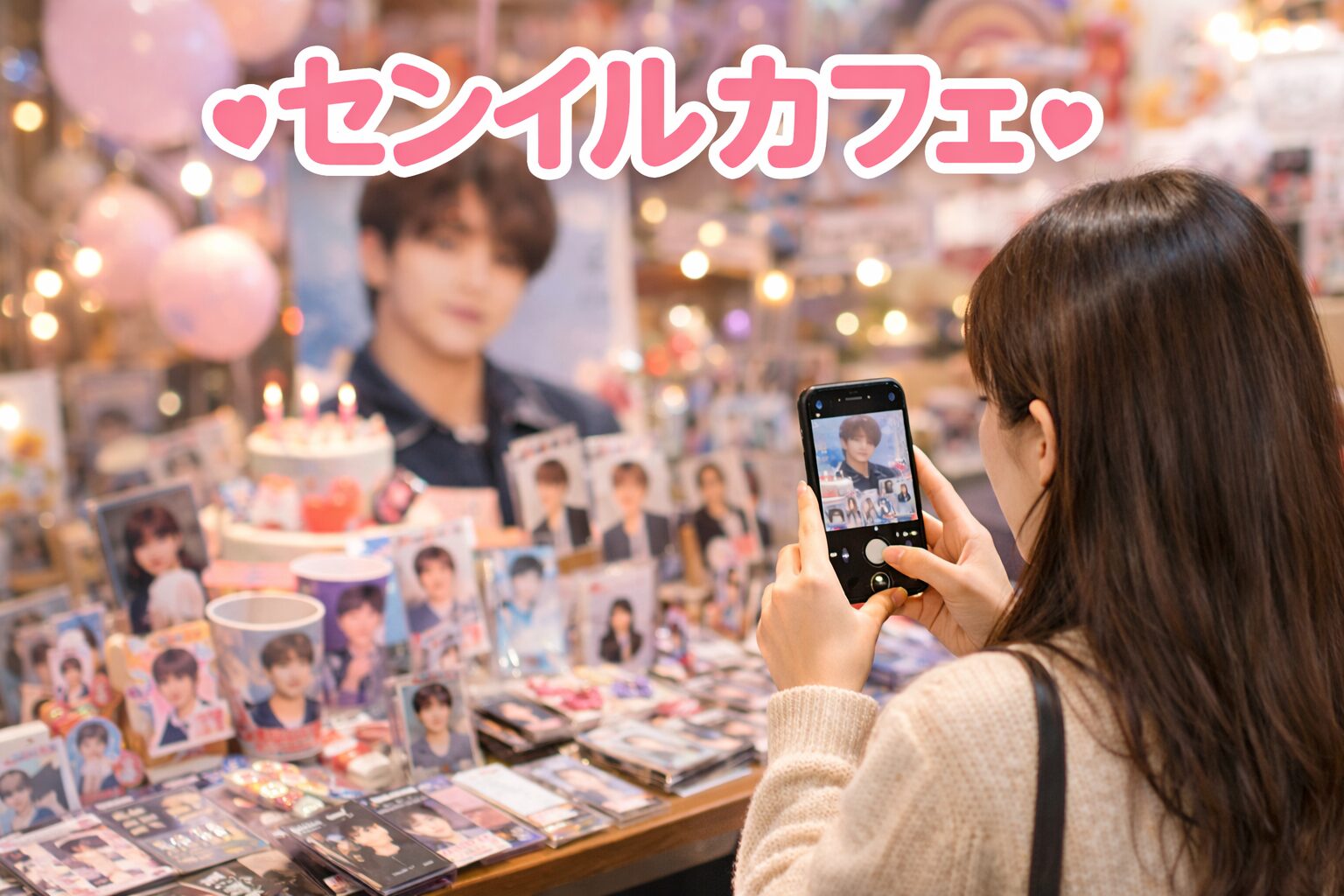 センイルカフェのグッズコーナーをスマホで撮影する若い女性の様子