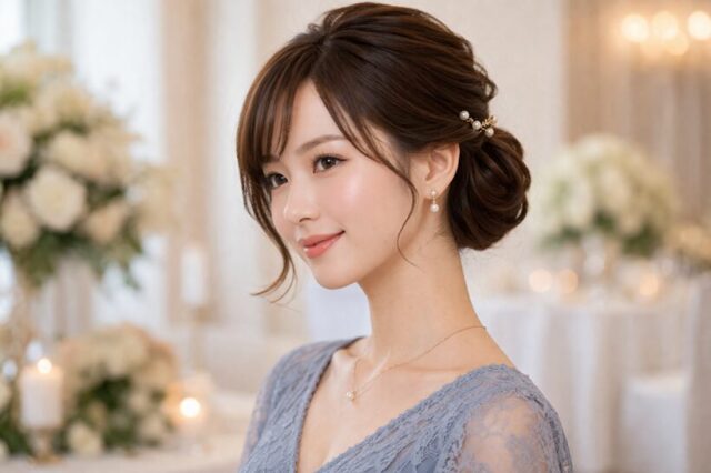 結婚式お呼ばれのミディアムヘアアレンジ｜低めシニヨンで上品にまとめたフォーマルスタイル