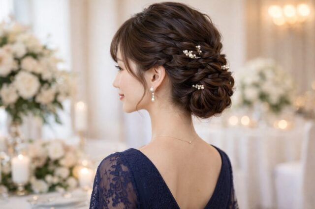結婚式お呼ばれのロングヘアアレンジ｜編み込みアップで華やかに仕上げた上品スタイル