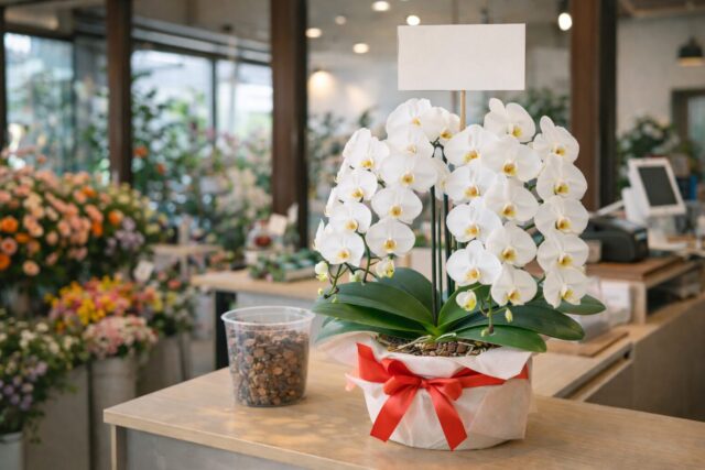 開店祝いで胡蝶蘭が飾られてる様子