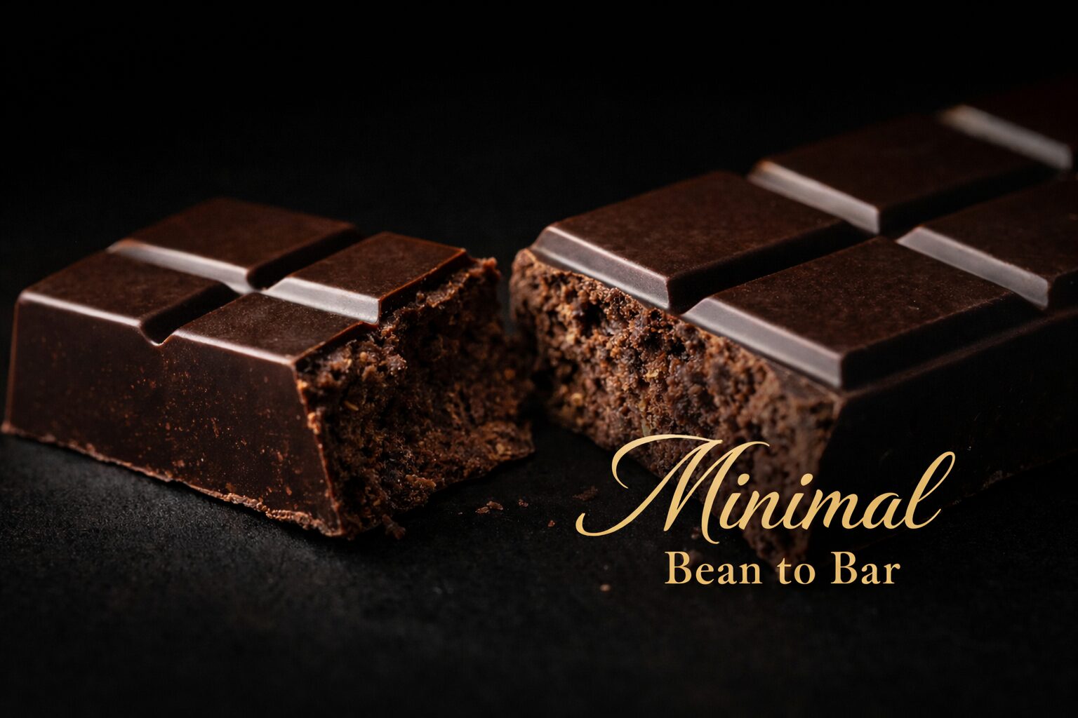 MinimalのBean to Barチョコレートの割れた断面を写したクローズアップ写真。深い艶としっとりした質感が伝わる高級チョコレートのビジュアル