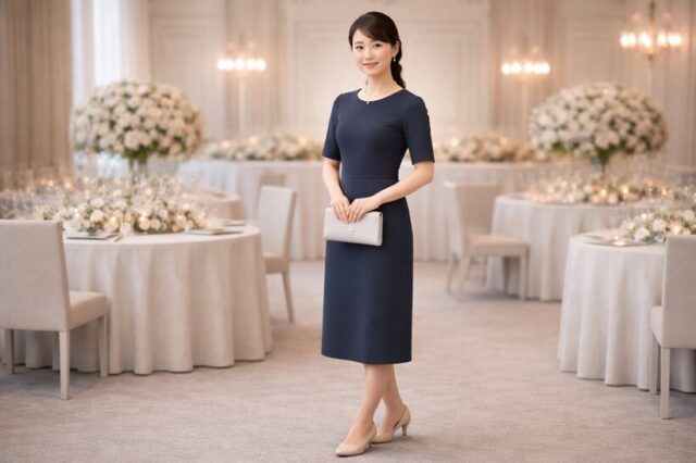 結婚式の会社関係ゲストの服装例｜ブルーグレーやネイビーで清潔感のある控えめフォーマルコーデ