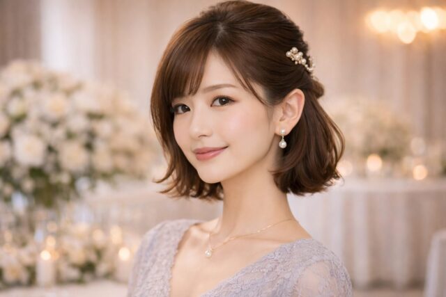結婚式お呼ばれのボブヘアアレンジ｜ハーフアップで上品に仕上げた華やかスタイル例