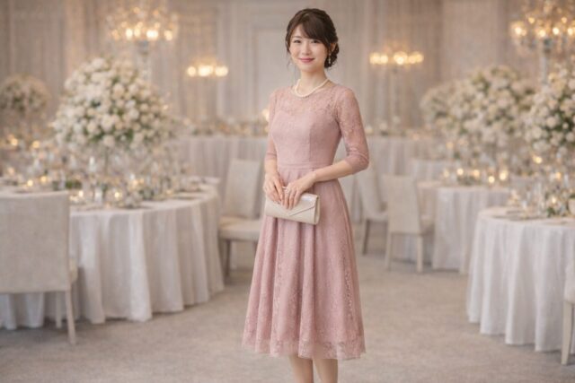 結婚式の友人ゲストにおすすめのドレスコーデ｜淡色ミモレ丈ワンピースと上品な小物例