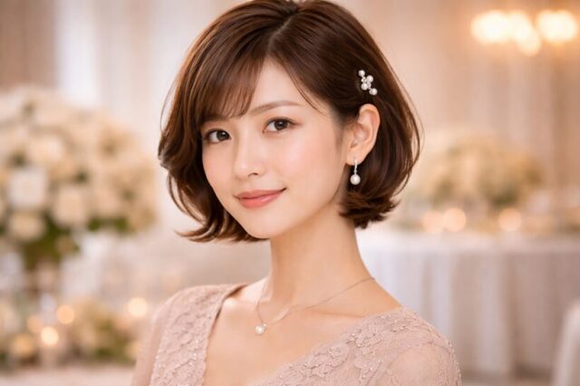 結婚式お呼ばれのショートヘアアレンジ｜内巻きと耳かけで上品に仕上げた華やかスタイル