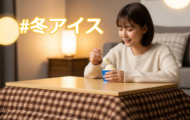 こたつに入りながらアイスを食べる若い女性の様子。冬に人気の“冬アイス”を楽しむシーン