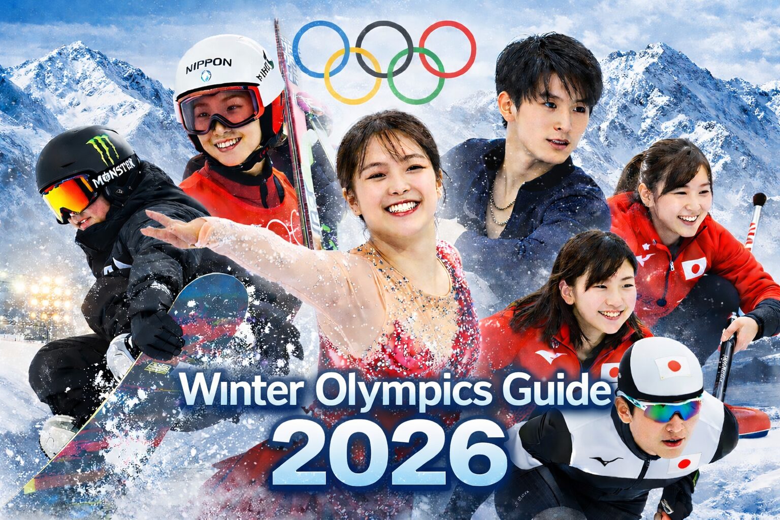 2026冬季五輪ガイド｜注目の日本人選手とフィギュア・スノーボード・スキージャンプなど主要競技をまとめたコラージュ画像