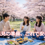 花見の準備に必要な持ち物を揃えてレジャーシートの上で花見を楽しむ様子