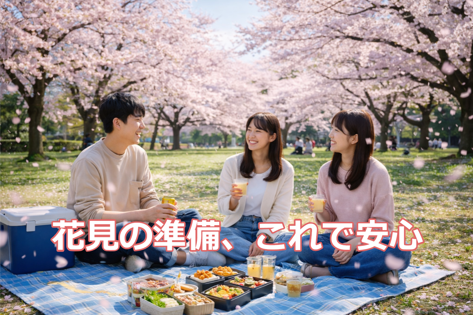 花見の準備に必要な持ち物を揃えてレジャーシートの上で花見を楽しむ様子