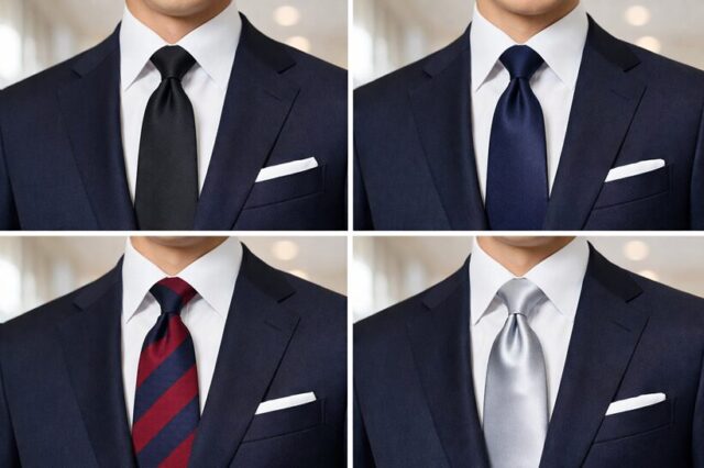 入学式で避けたいネクタイの例（黒無地・濃紺・派手柄・光沢が強いネクタイの比較）