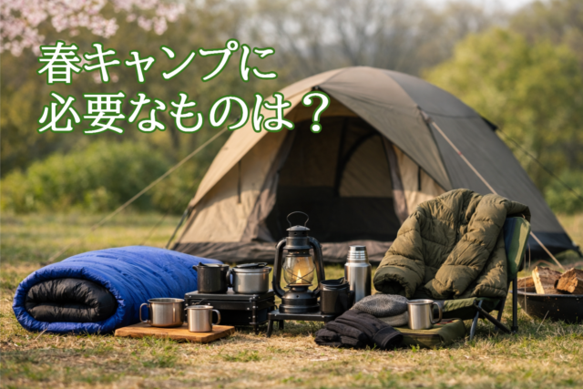 春キャンプの持ち物一式(テント・寝袋・ランタン・防寒着)を並べたキャンプ風景