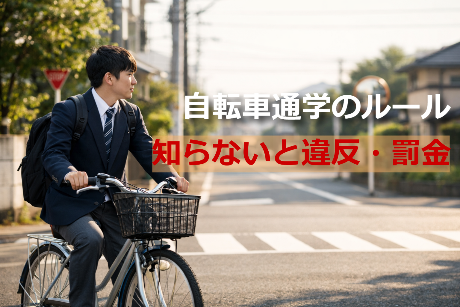 自転車通学をする男子高校生が交差点で安全確認している様子