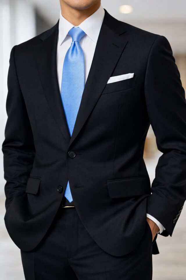 ブラックスーツにライトブルーネクタイの入学式コーデ例