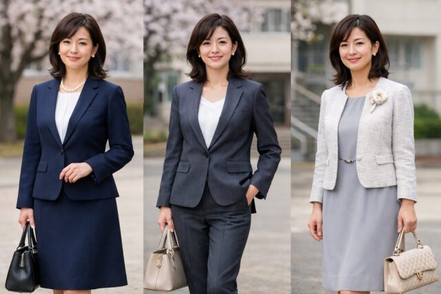 40代ママの入学式コーデ3選|ネイビースーツ・パンツスーツ・ワンピースジャケットの上品スタイル