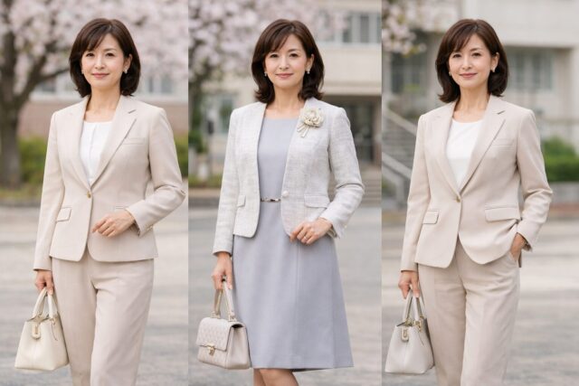50代ママの入学式コーデ3選|セットアップ・ワンピースジャケット・パンツスーツの上品スタイル