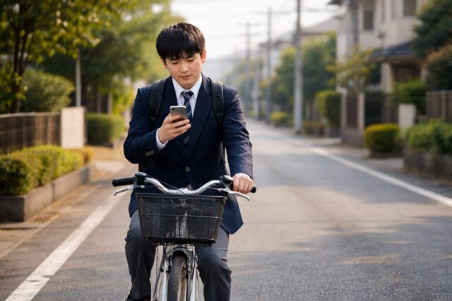 自転車を運転しながらスマホを見ている高校生