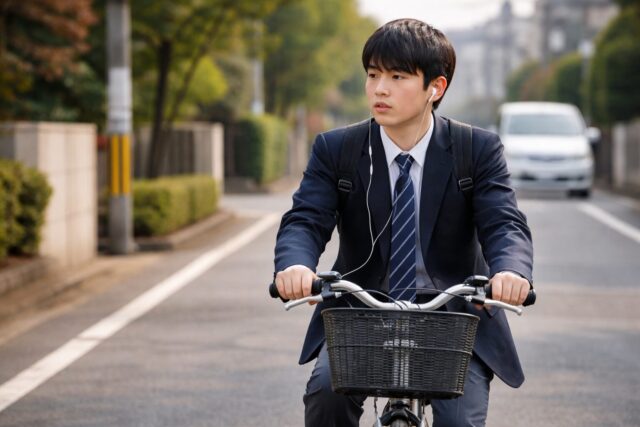 イヤホンをしながら自転車を運転している男子高校生