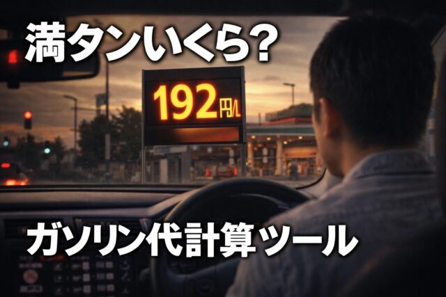 車内からガソリン価格192円を見て驚く男性とガソリン代のイメージ