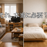 新生活で物が多い部屋とミニマルな部屋を比較し「それ、本当に必要?」と問いかけるアイキャッチ画像