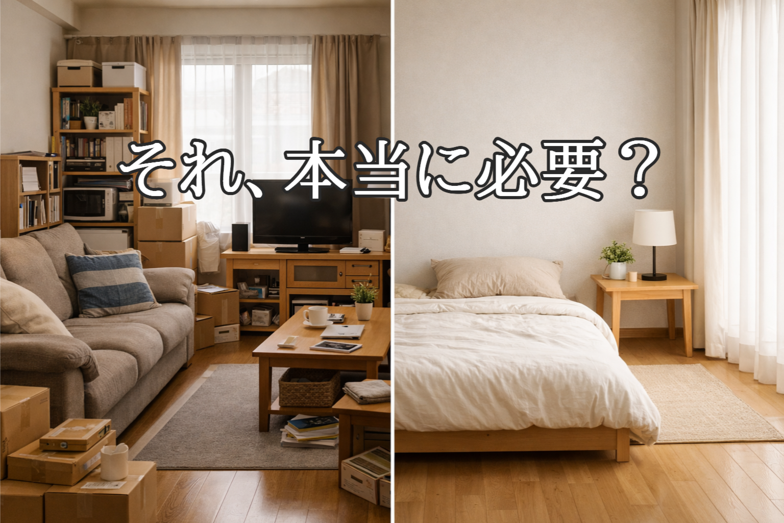 新生活で物が多い部屋とミニマルな部屋を比較し「それ、本当に必要？」と問いかけるアイキャッチ画像
