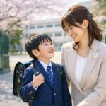 入学式ママコーデとランドセルの男の子 校門前の親子