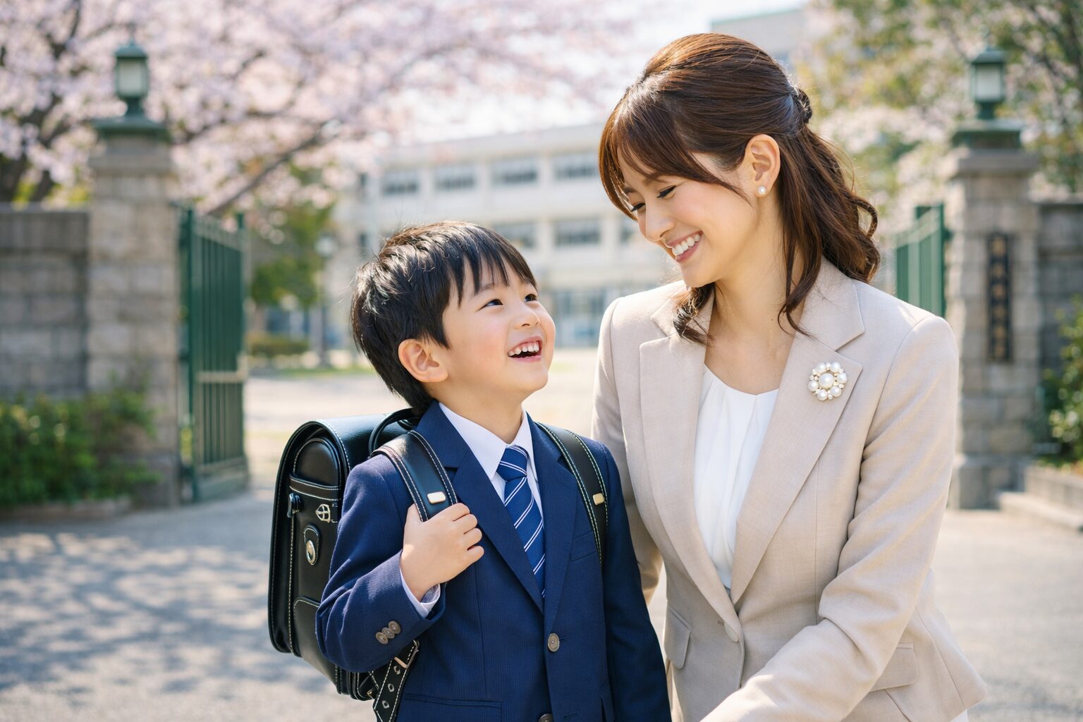 入学式ママコーデとランドセルの男の子 校門前の親子