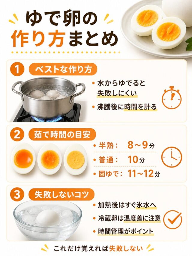 ゆで卵の作り方をまとめた画像