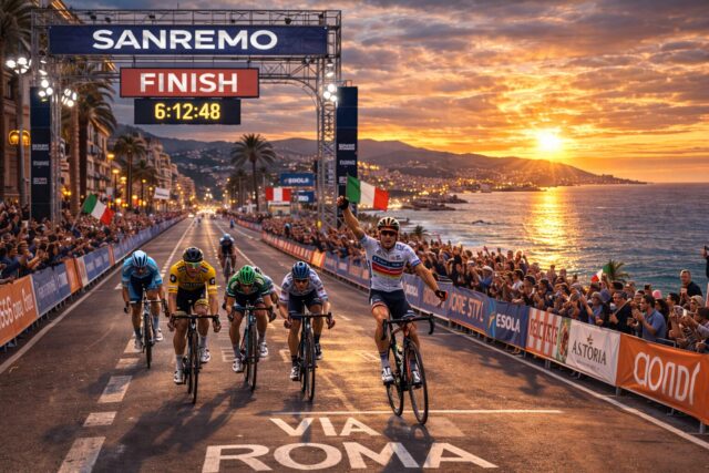 夕暮れのサンレモ海岸を背景にゴールスプリントが行われるシーン