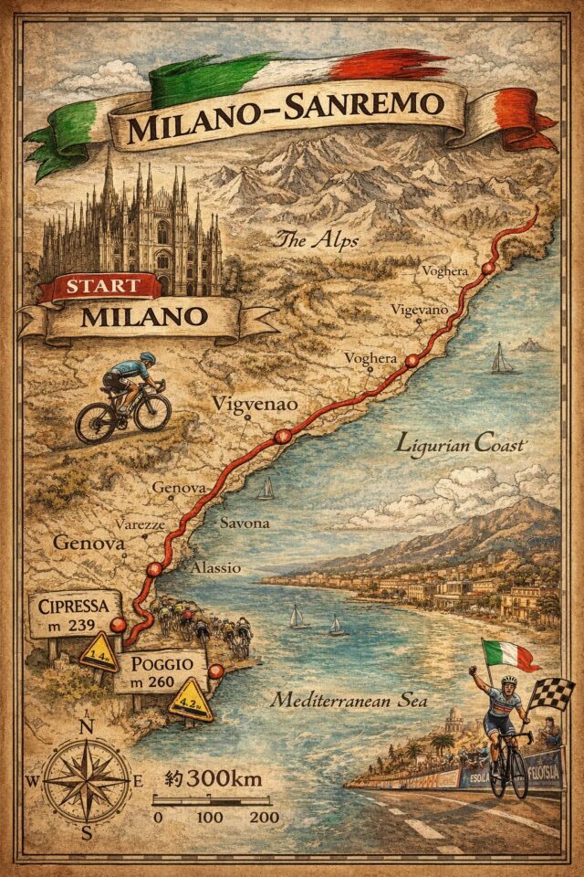 イタリア北部の都市ミラノから、地中海沿岸のリゾート地サンレモまでを結ぶ地図風のイメージ画像