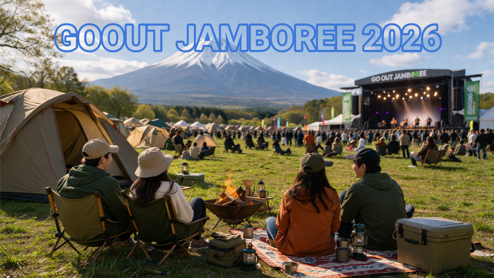 富士山の見えるキャンプ場で開催される音楽フェスの様子。テントやレジャーシートでくつろぐ参加者とライブステージの風景