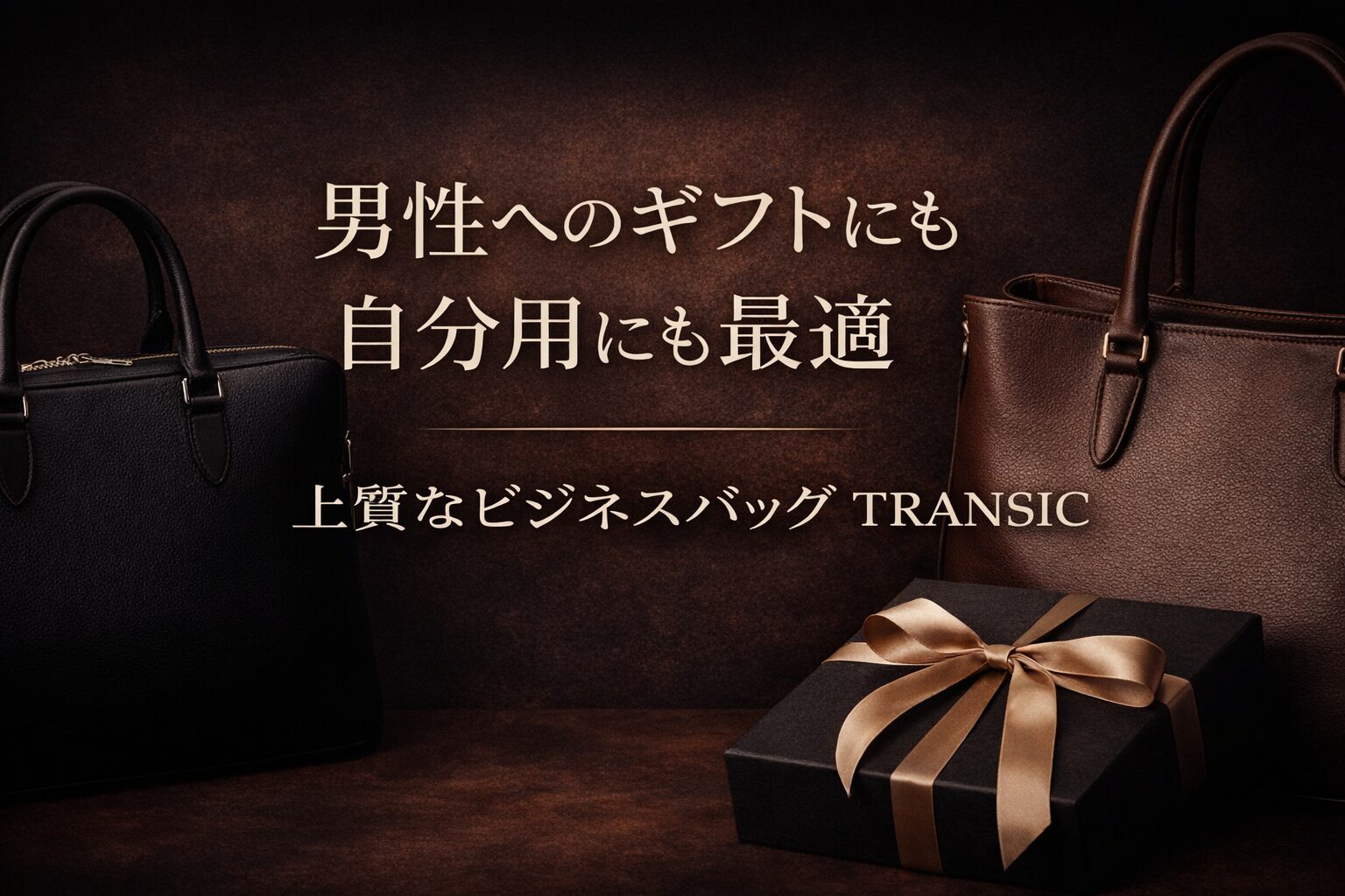 男性へのギフトにも自分用にも最適なTRANSICの上質ビジネスバッグ。ブラックとブラウンの本革バッグとギフトボックスを並べた上品なイメージ